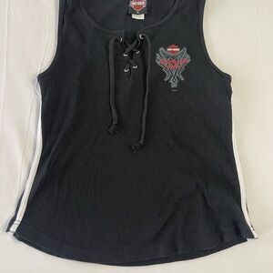 Vintage Harley-Davidson Black Lace-Up Tank with Logo 2004 Sturgis